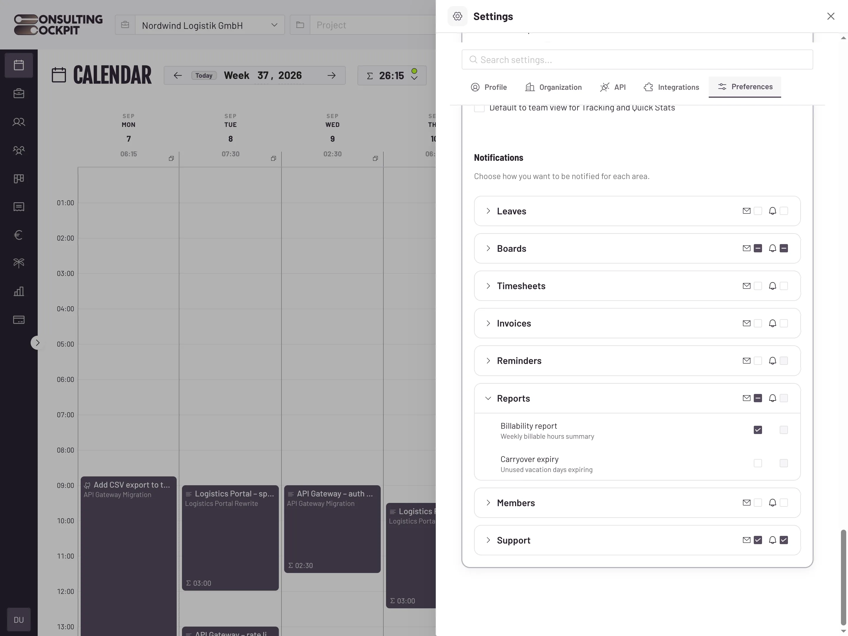 Settings open at Preferences, Notifications: the Reports group is expanded and the email box for Billability report, the weekly billable hours summary, is ticked