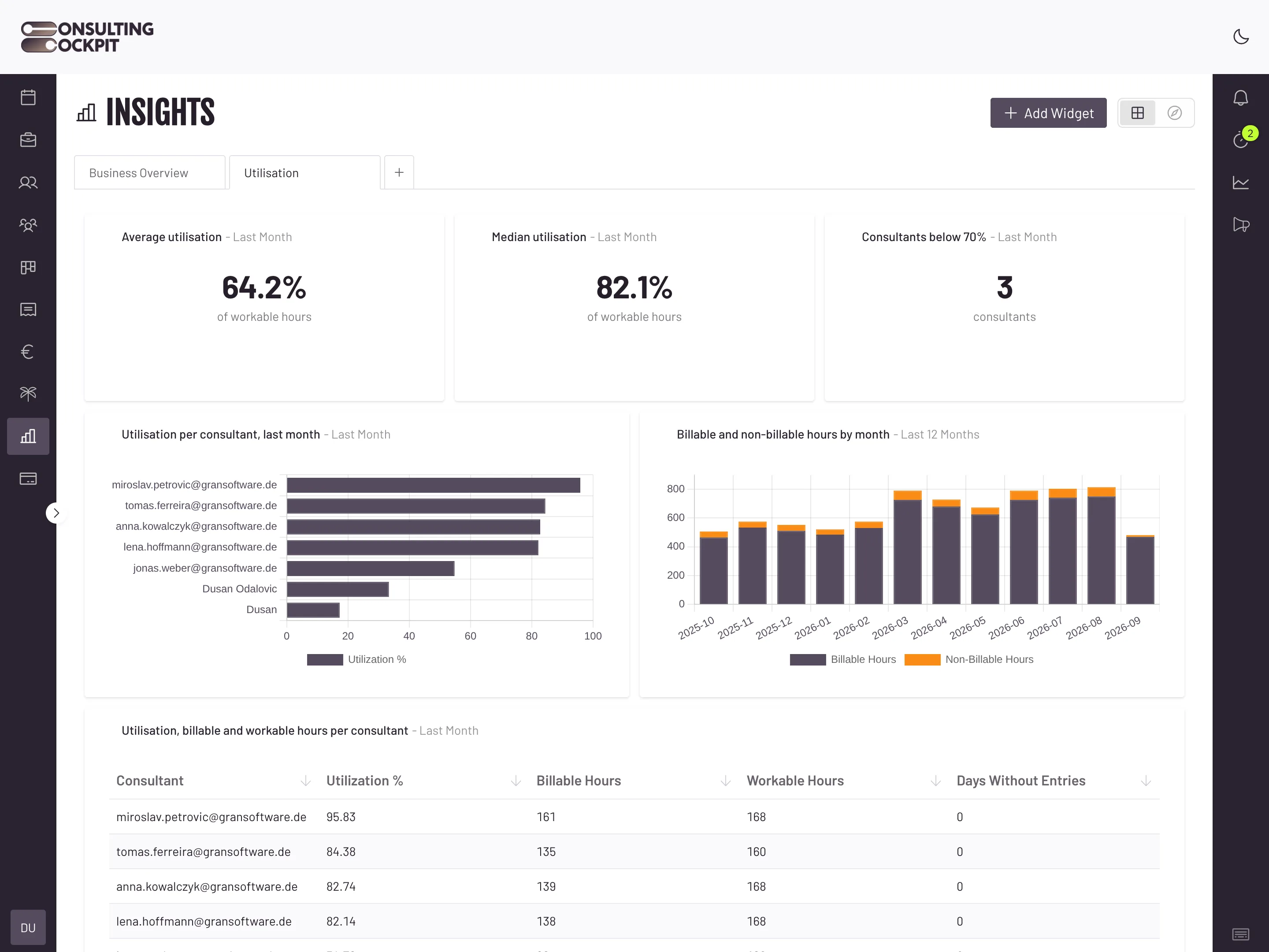 Utilization Reporting screen in Consulting Cockpit