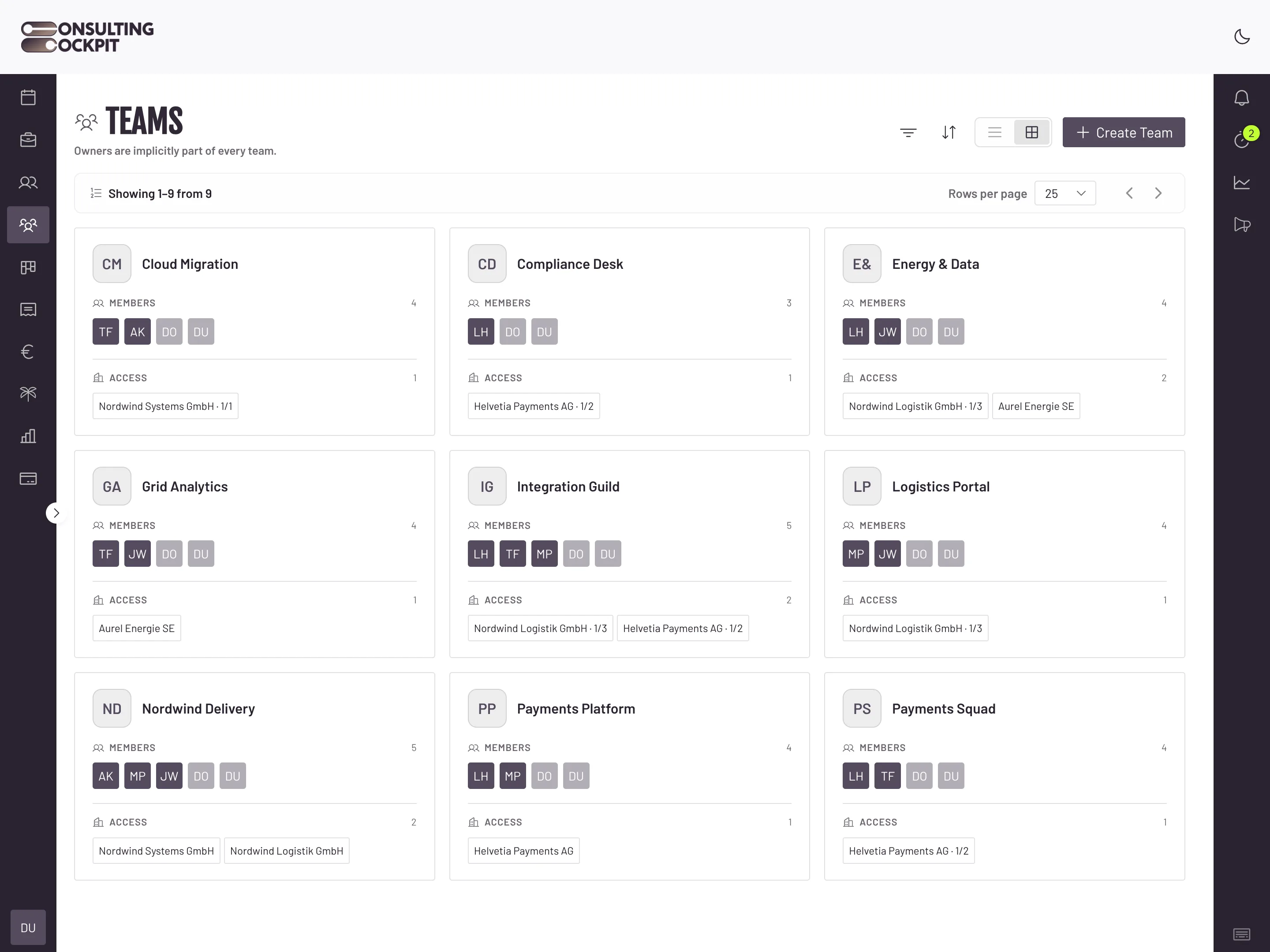 Team Access by Client screen in Consulting Cockpit