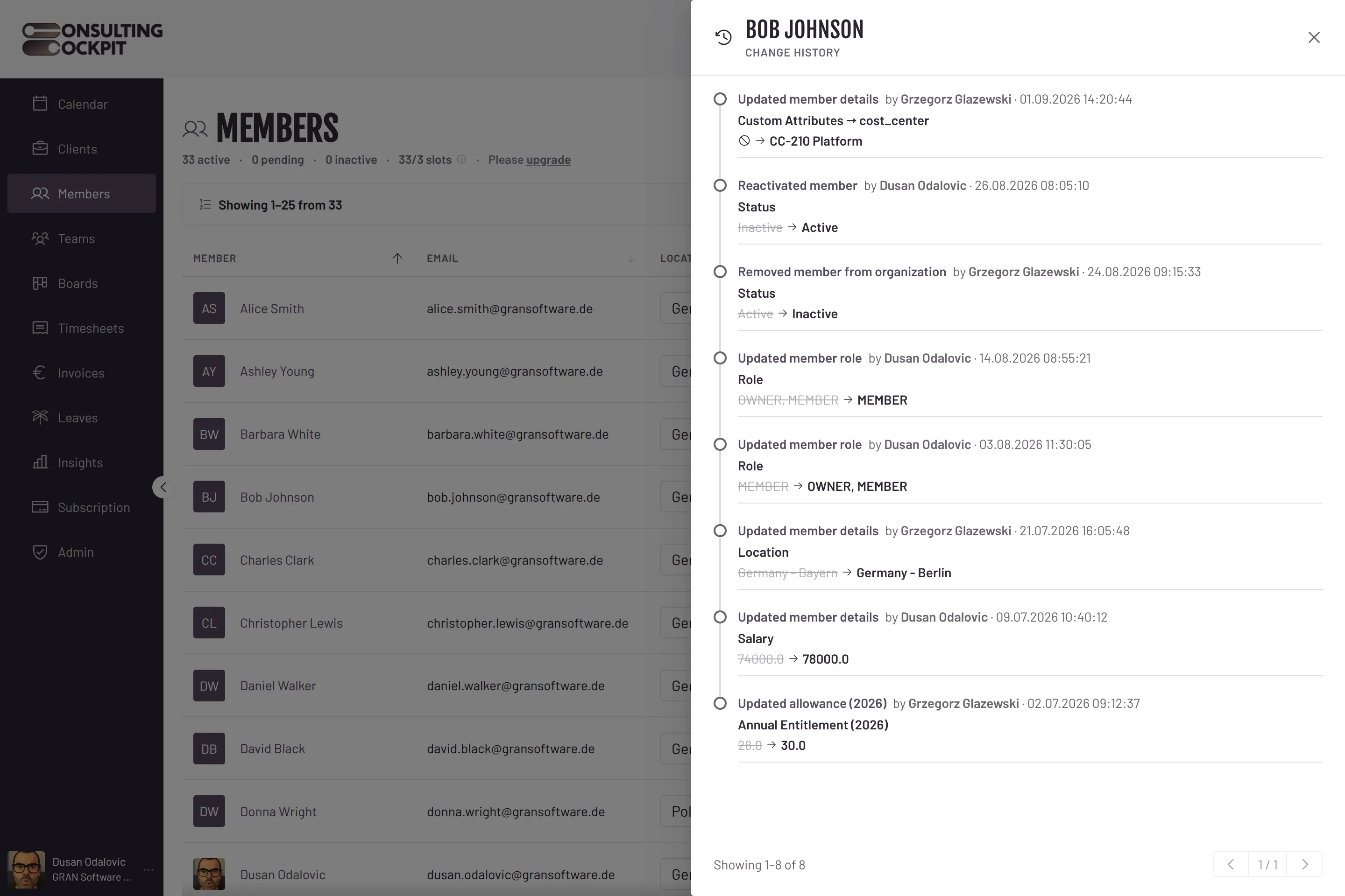 Change History drawer for one consultant: a timeline of salary, role, location, status and leave entitlement changes, each with the colleague who made it, the exact time, and the old value struck through next to the new one