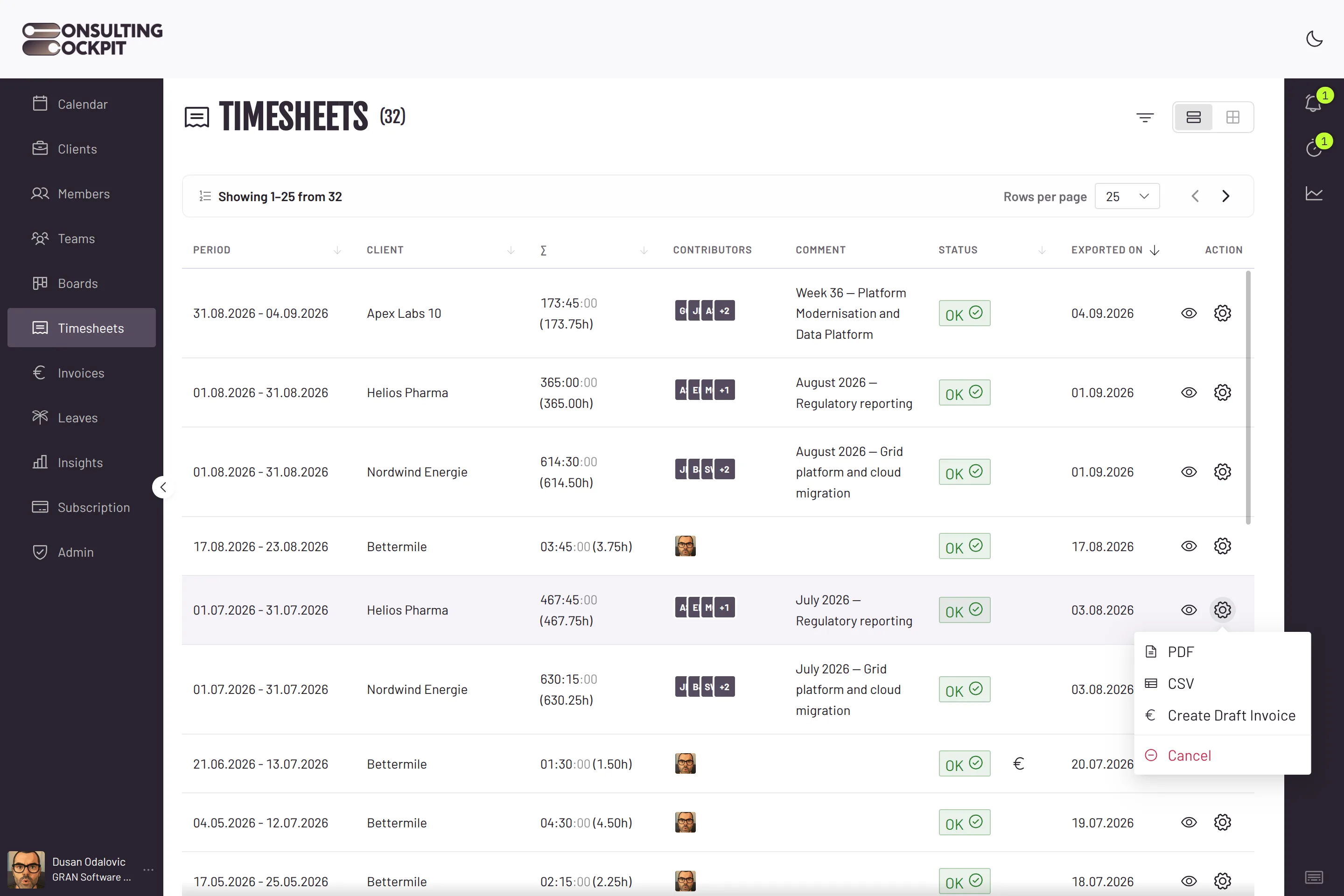 Timesheets list with periods, clients, totals, contributors and status for several months, and the action menu open on one timesheet showing PDF, CSV and Create Draft Invoice