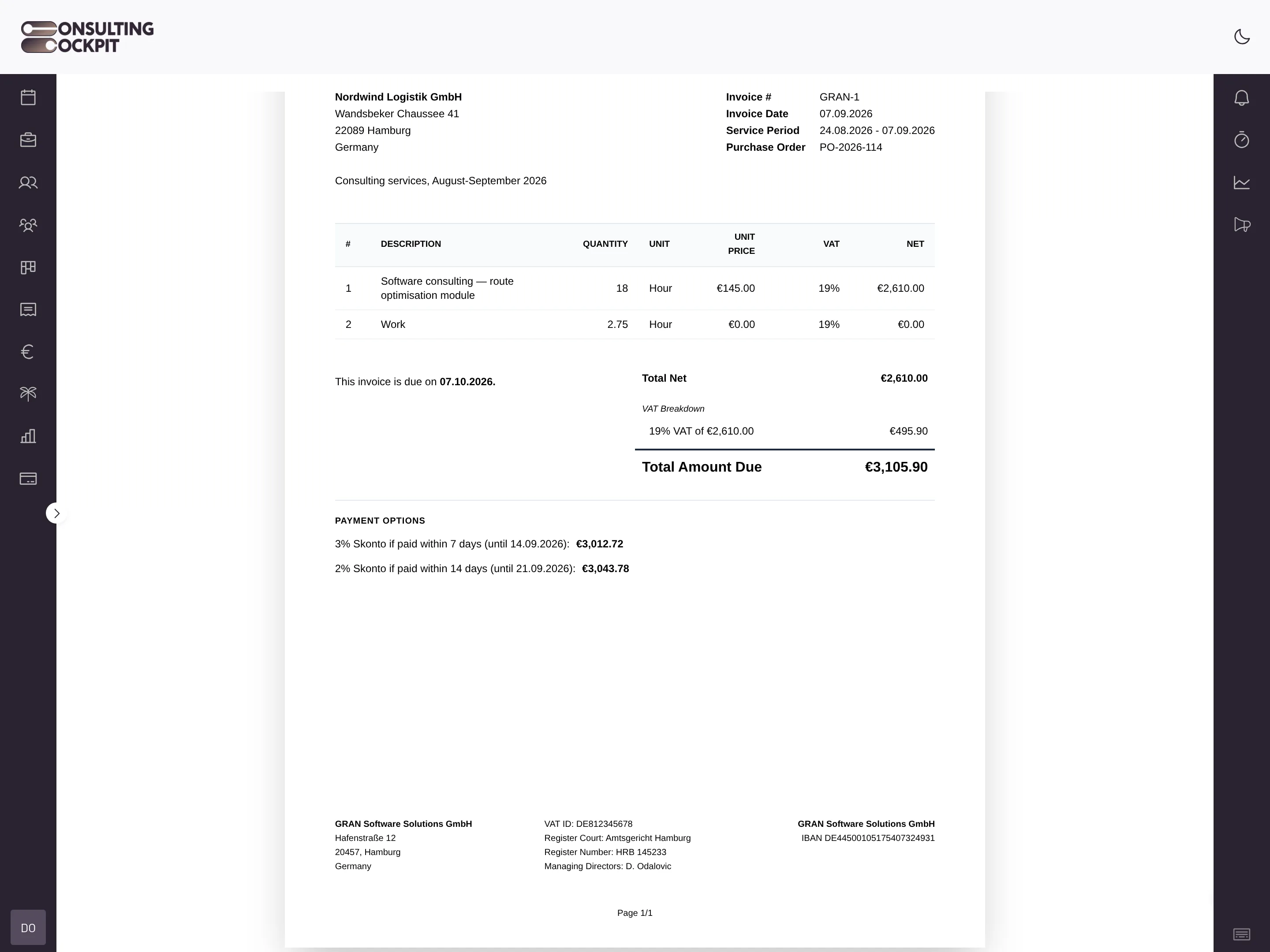 Invoice print preview with a payment options block under the totals: two Skonto tiers, one at 3% within 7 days with its calendar deadline and discounted total of 3,012.72 EUR, one at 2% within 14 days with its deadline and total of 3,043.78 EUR
