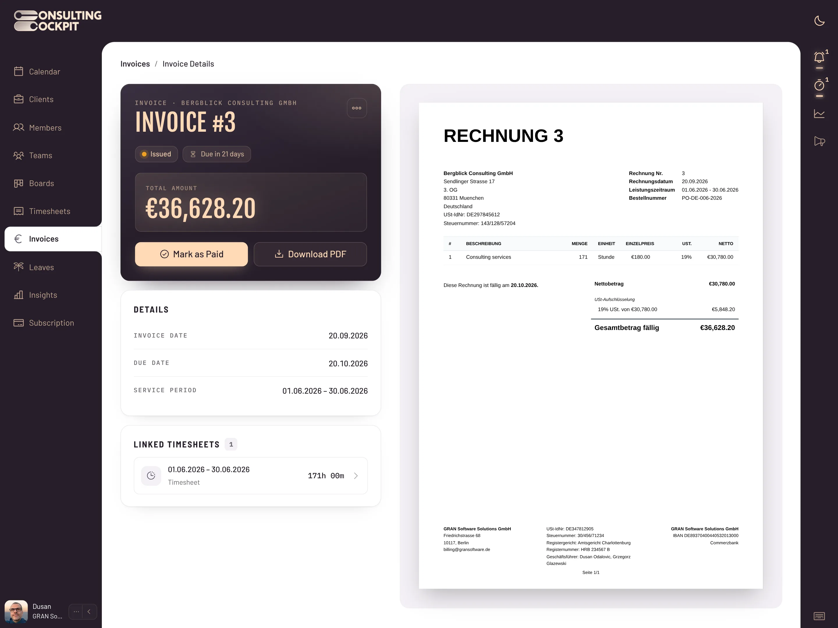 EN 16931 E-Invoicing screen in Consulting Cockpit
