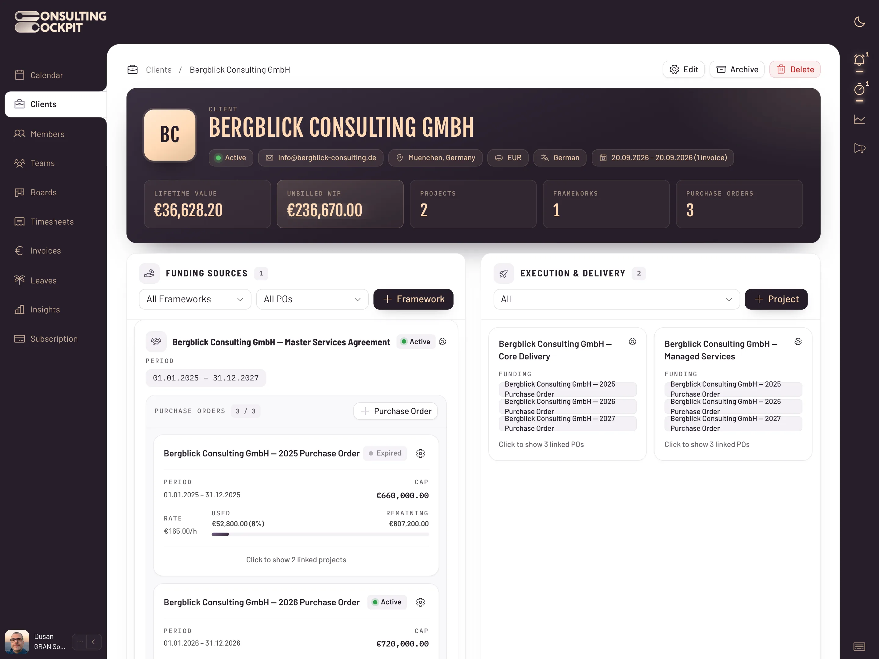 Framework Agreements screen in Consulting Cockpit
