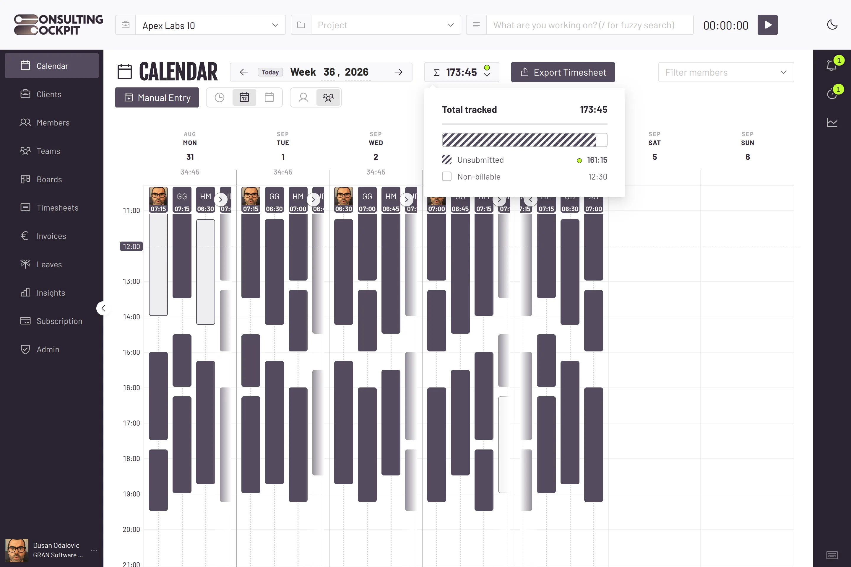 Week view in team mode: five consultants side by side with their time entries for Apex Labs from Monday to Friday, and the weekly totals open showing tracked, unsubmitted and non-billable hours