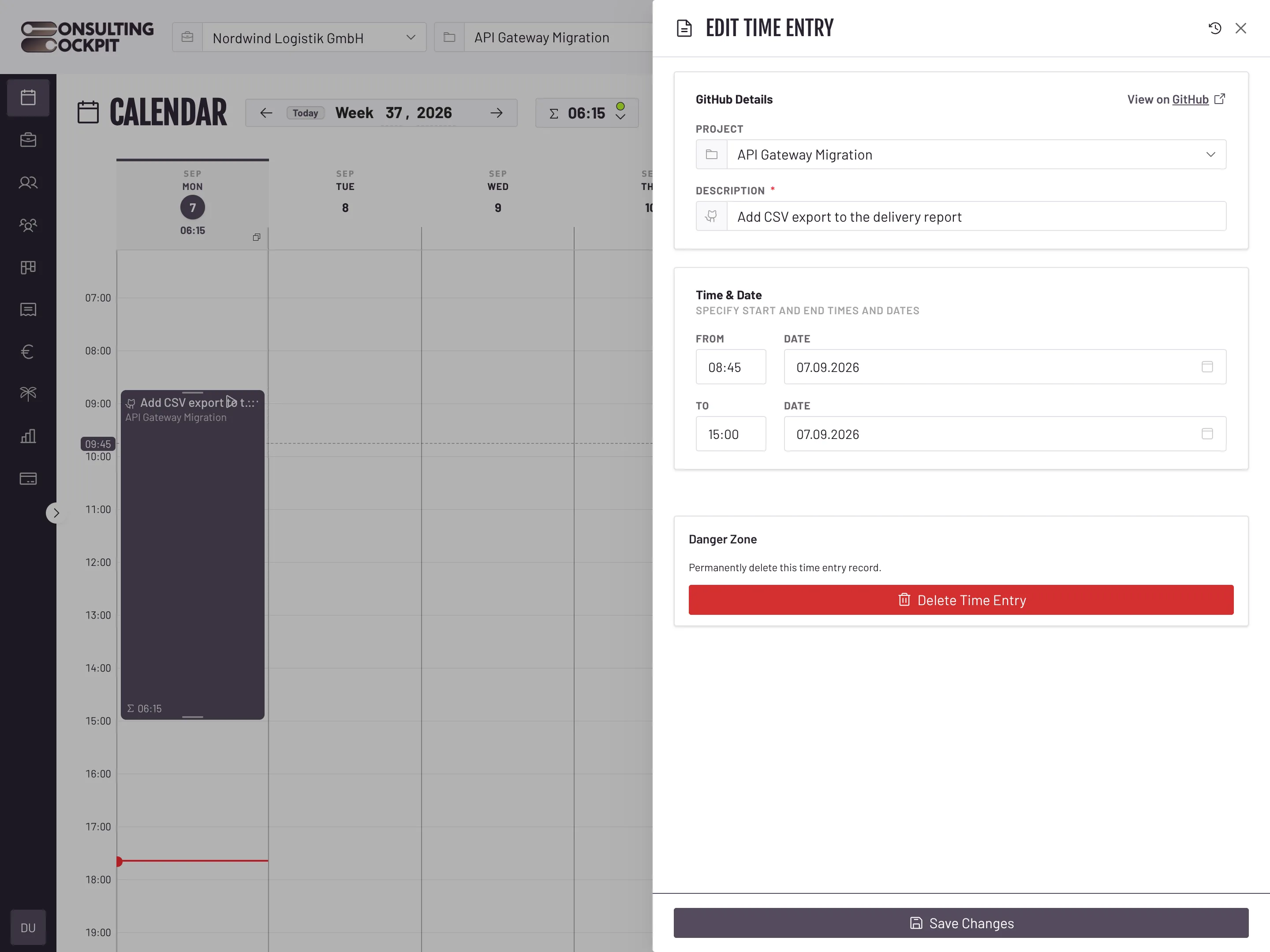 Edit Time Entry drawer for an hour tracked against a GitHub issue: a GitHub Details block with the issue title as the description, a View on GitHub link and the project the hour belongs to, with the entry itself on the week calendar behind it