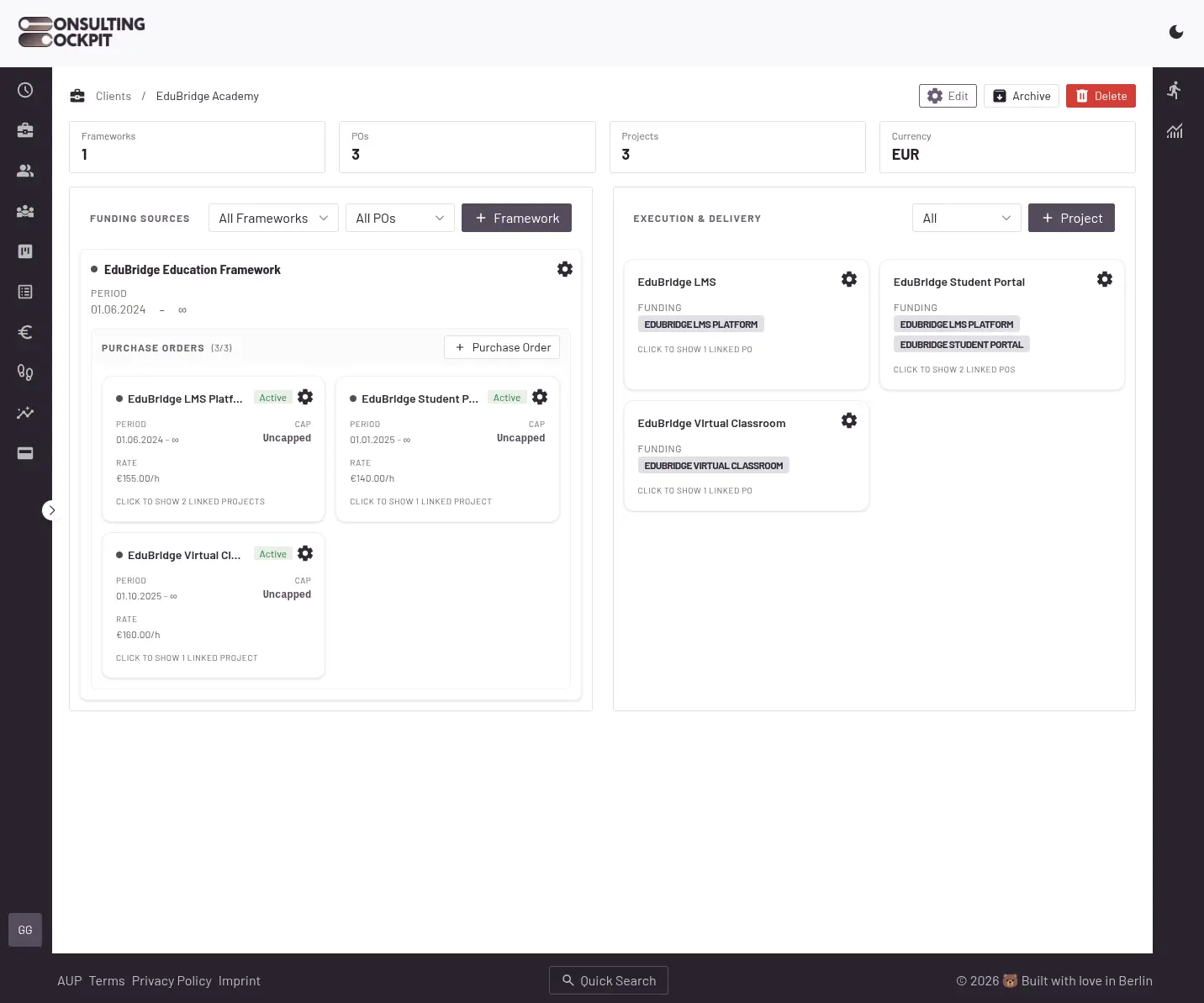Client Projects screen with framework agreements, purchase orders, and linked delivery projects